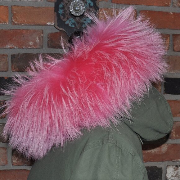 Green Parka Pink Raccoon Fur Trim, Faux Fur Lining M - Picture 9 of 14